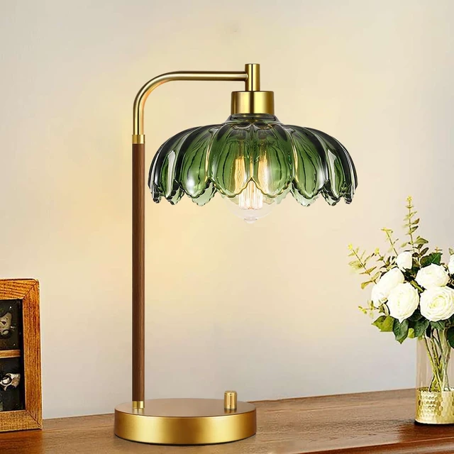 Alt view image 4 of 7 - Vintage Table Lamp Set of 2 for Bedroom Living Room,Small Bedside Lamps Dimmable Boho Bedroom Lamp with Glass Green Flower LampShade,Mid Century Modern Mini Nightstand Lamp Gold Side Table Lamp