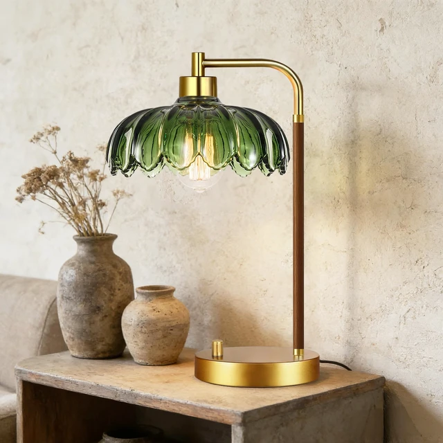Alt view image 5 of 7 - Vintage Table Lamp Set of 2 for Bedroom Living Room,Small Bedside Lamps Dimmable Boho Bedroom Lamp with Glass Green Flower LampShade,Mid Century Modern Mini Nightstand Lamp Gold Side Table Lamp
