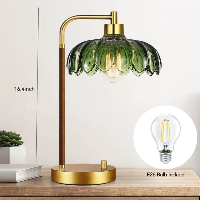 Alt view image 6 of 7 - Vintage Table Lamp Set of 2 for Bedroom Living Room,Small Bedside Lamps Dimmable Boho Bedroom Lamp with Glass Green Flower LampShade,Mid Century Modern Mini Nightstand Lamp Gold Side Table Lamp