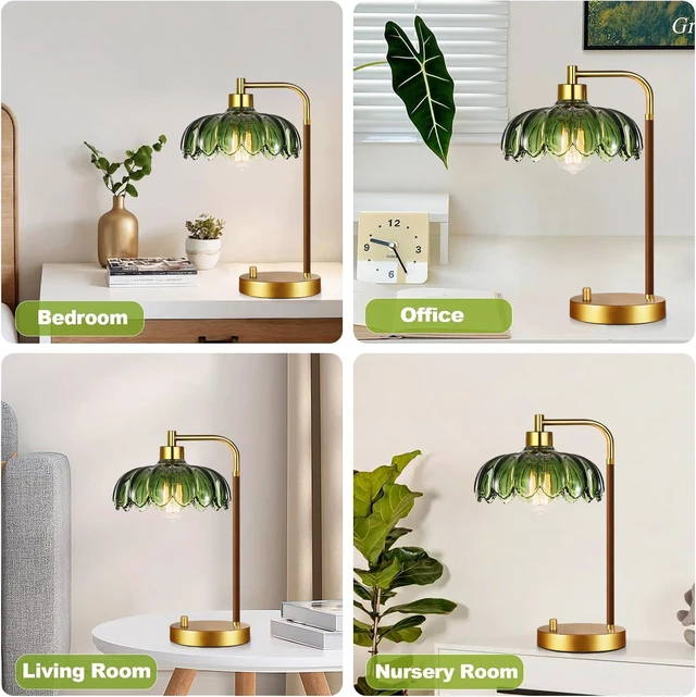 Alt view image 7 of 7 - Vintage Table Lamp Set of 2 for Bedroom Living Room,Small Bedside Lamps Dimmable Boho Bedroom Lamp with Glass Green Flower LampShade,Mid Century Modern Mini Nightstand Lamp Gold Side Table Lamp