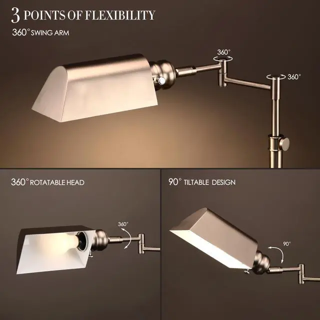 Alt view image 2 of 7 - OBright Arcadia - Pharmacy Floor Lamp, Full Range Dimming, Swing Arm Task Lamp, E26 Socket, Bulb Replaceable, Adjustable Height 47 to 55, 360° Rotatable Shade, All-Metal Design, Brushed Nickel