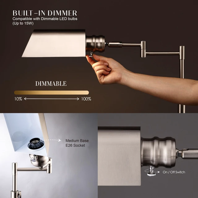 Alt view image 3 of 7 - OBright Arcadia - Pharmacy Floor Lamp, Full Range Dimming, Swing Arm Task Lamp, E26 Socket, Bulb Replaceable, Adjustable Height 47 to 55, 360° Rotatable Shade, All-Metal Design, Brushed Nickel