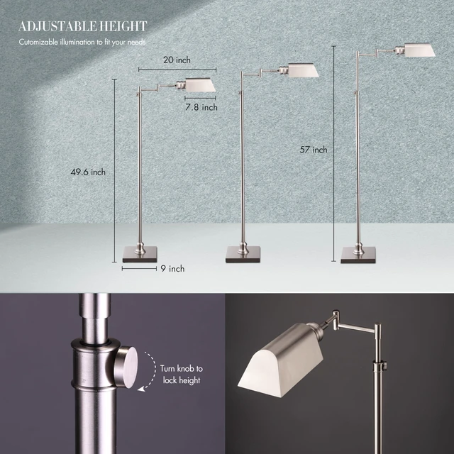 Alt view image 4 of 7 - OBright Arcadia - Pharmacy Floor Lamp, Full Range Dimming, Swing Arm Task Lamp, E26 Socket, Bulb Replaceable, Adjustable Height 47 to 55, 360° Rotatable Shade, All-Metal Design, Brushed Nickel