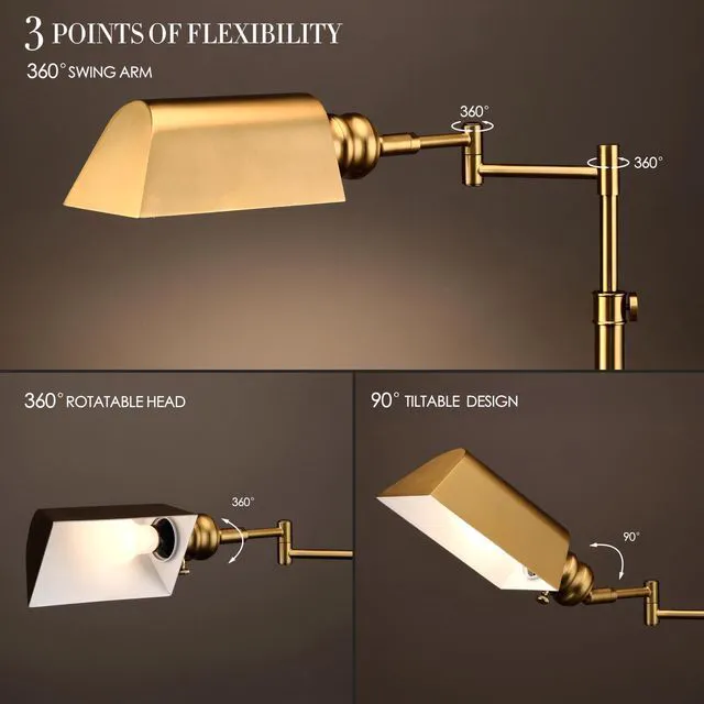 Alt view image 2 of 7 - OBright Arcadia - Pharmacy Floor Lamp, Full Range Dimming, Swing Arm Task Lamp, E26 Socket, Bulb Replaceable, Adjustable Height 47 to 55, 360° Rotatable Shade, All-Metal Design, Antique Brass