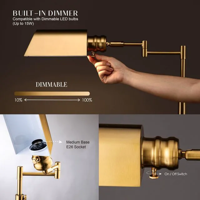 Alt view image 3 of 7 - OBright Arcadia - Pharmacy Floor Lamp, Full Range Dimming, Swing Arm Task Lamp, E26 Socket, Bulb Replaceable, Adjustable Height 47 to 55, 360° Rotatable Shade, All-Metal Design, Antique Brass