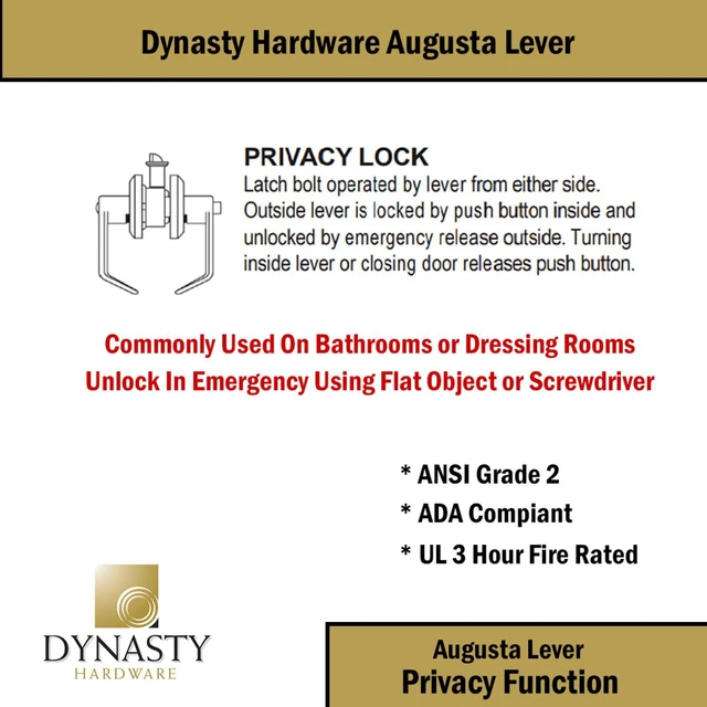 Alt view image 4 of 7 - Augusta Privacy Lever Set, ADA, Grade 2, Oil Rubbed Bronze ADA Compliant Privacy Door Lever Lockset For Bathroom Use, Grade 2 Heavy Duty Construction, Model AUG-20-10B
