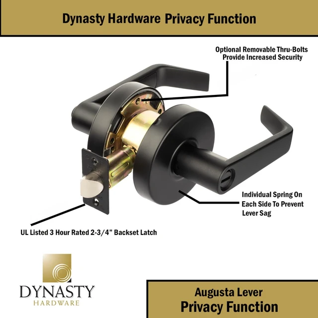 Alt view image 6 of 7 - Augusta Privacy Lever Set, ADA, Grade 2, Flat Black ADA Compliant Privacy Door Lever Lockset For Bathroom Use, Grade 2 Heavy Duty Construction, Model AUG-20-US19