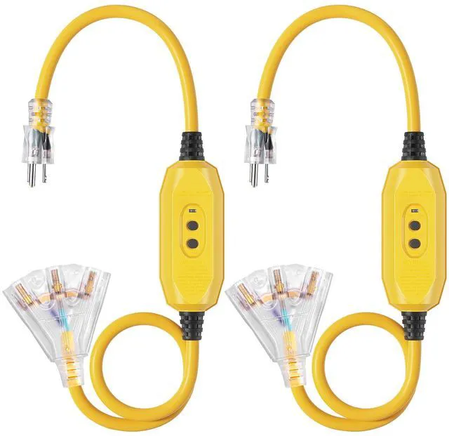 Main image of 3 FT Automatic Reset GFCI Extension Cord Outdoor, UL Listed 2 Pack, 12/3 Gauge Extension Cord, 15A 125V, LED Lighted 3 Prong Plug, Heavy Duty for Watering Pumps, Lawn Mowers, Yellow