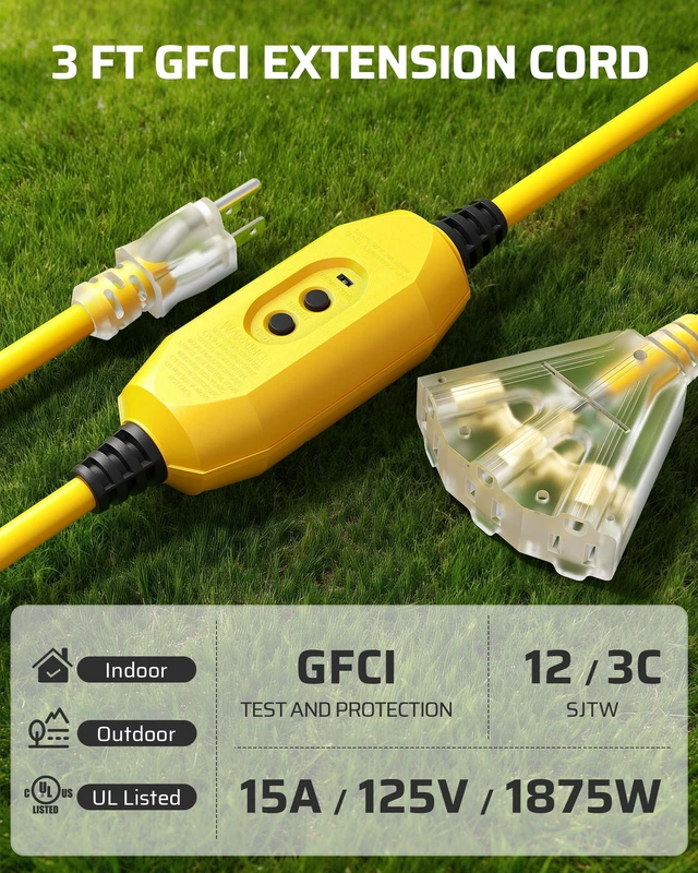 Alt view image 2 of 7 - 3 FT Automatic Reset GFCI Extension Cord Outdoor, UL Listed 2 Pack, 12/3 Gauge Extension Cord, 15A 125V, LED Lighted 3 Prong Plug, Heavy Duty for Watering Pumps, Lawn Mowers, Yellow