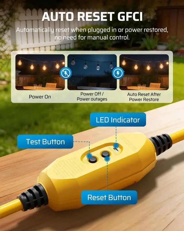 Alt view image 4 of 7 - 3 FT Automatic Reset GFCI Extension Cord Outdoor, UL Listed 2 Pack, 12/3 Gauge Extension Cord, 15A 125V, LED Lighted 3 Prong Plug, Heavy Duty for Watering Pumps, Lawn Mowers, Yellow