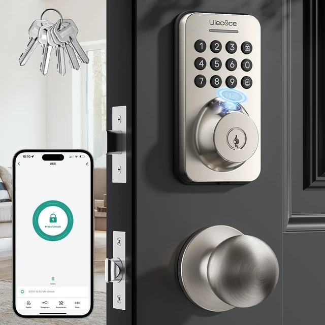 Main image of Fingerprint Keypad Deadbolt with Handle Set, Keyless Entry Door Lock, Door Locks for Front Door Lock Set, App Control, Auto Locking, Easy to Install, Satin Nickel