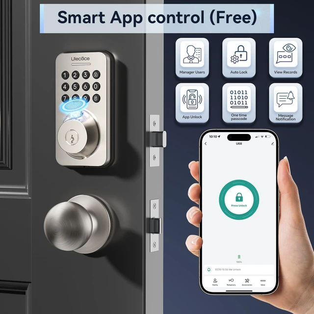 Alt view image 3 of 7 - Fingerprint Keypad Deadbolt with Handle Set, Keyless Entry Door Lock, Door Locks for Front Door Lock Set, App Control, Auto Locking, Easy to Install, Satin Nickel