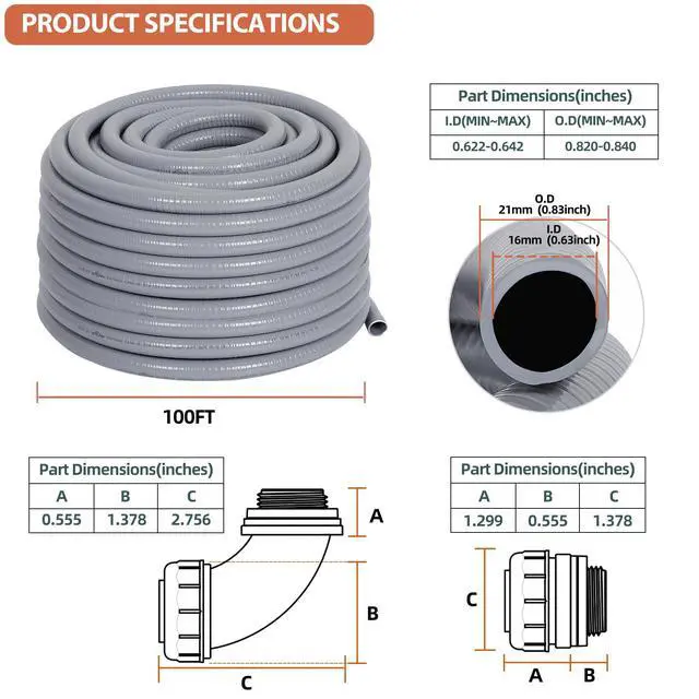 Alt view image 2 of 7 - Liquid-Tight Conduit 1/2 100ft w/UL Certification Flexible Electrical Conduit with 5 Straight and 5 90-Degree Conduit Connector Fittings