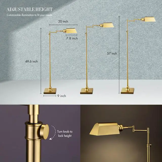 Alt view image 4 of 7 - OBright Arcadia - Pharmacy Floor Lamp, Full Range Dimming, Swing Arm Task Lamp, E26 Socket, Bulb Replaceable, Adjustable Height 47 to 55, 360° Rotatable Shade, All-Metal Design, Antique Brass