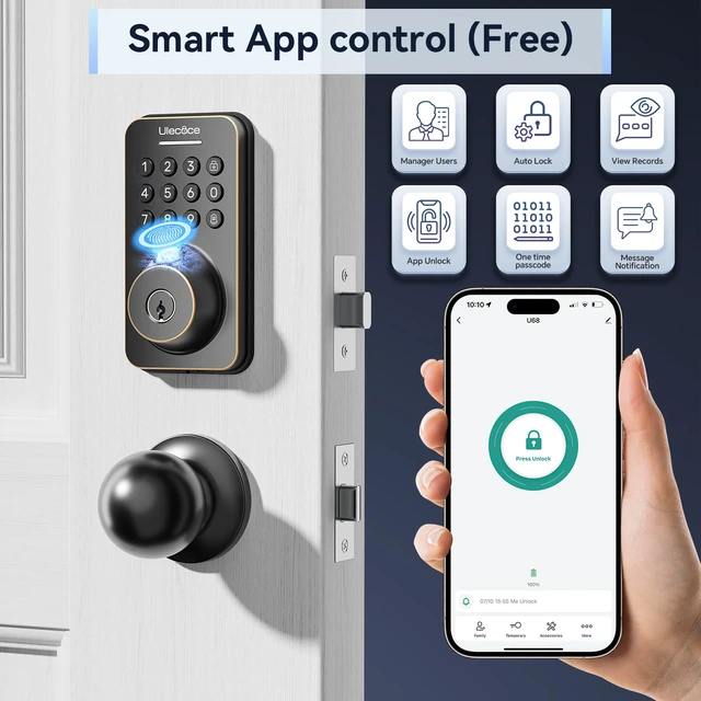 Alt view image 3 of 7 - Fingerprint Keypad Deadbolt with Handle Set, Keyless Entry Door Lock, Door Locks for Front Door Lock Set, App Control, Auto Locking, Easy to Install, Oil Rubbed Bronze