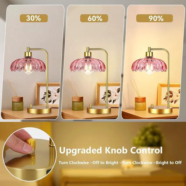 Alt view image 2 of 7 - Pink Table Lamp Set of 2,Small Gold Bedside Lamps Dimmable Boho Bedroom Lamp with Tulip Flower Glass Lamp Shade,Vintage Mid Century Modern Mini Nightstand Lamp for Bedroom Living Room