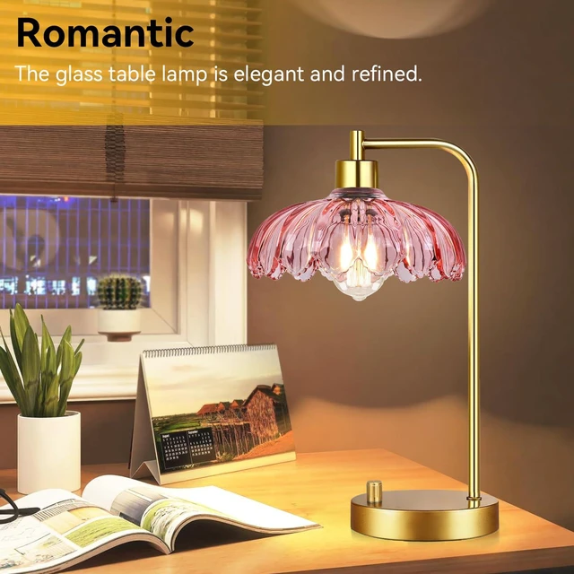 Alt view image 3 of 7 - Pink Table Lamp Set of 2,Small Gold Bedside Lamps Dimmable Boho Bedroom Lamp with Tulip Flower Glass Lamp Shade,Vintage Mid Century Modern Mini Nightstand Lamp for Bedroom Living Room