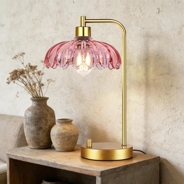 Alt view image 5 of 7 - Pink Table Lamp Set of 2,Small Gold Bedside Lamps Dimmable Boho Bedroom Lamp with Tulip Flower Glass Lamp Shade,Vintage Mid Century Modern Mini Nightstand Lamp for Bedroom Living Room