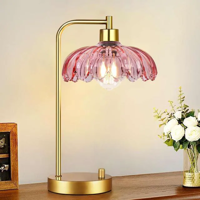 Alt view image 6 of 7 - Pink Table Lamp Set of 2,Small Gold Bedside Lamps Dimmable Boho Bedroom Lamp with Tulip Flower Glass Lamp Shade,Vintage Mid Century Modern Mini Nightstand Lamp for Bedroom Living Room