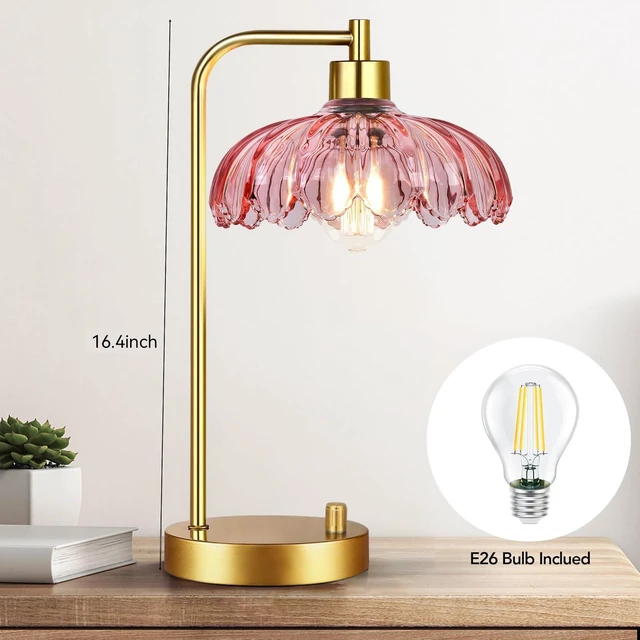 Alt view image 4 of 7 - Pink Table Lamp Set of 2,Small Gold Bedside Lamps Dimmable Boho Bedroom Lamp with Tulip Flower Glass Lamp Shade,Vintage Mid Century Modern Mini Nightstand Lamp for Bedroom Living Room