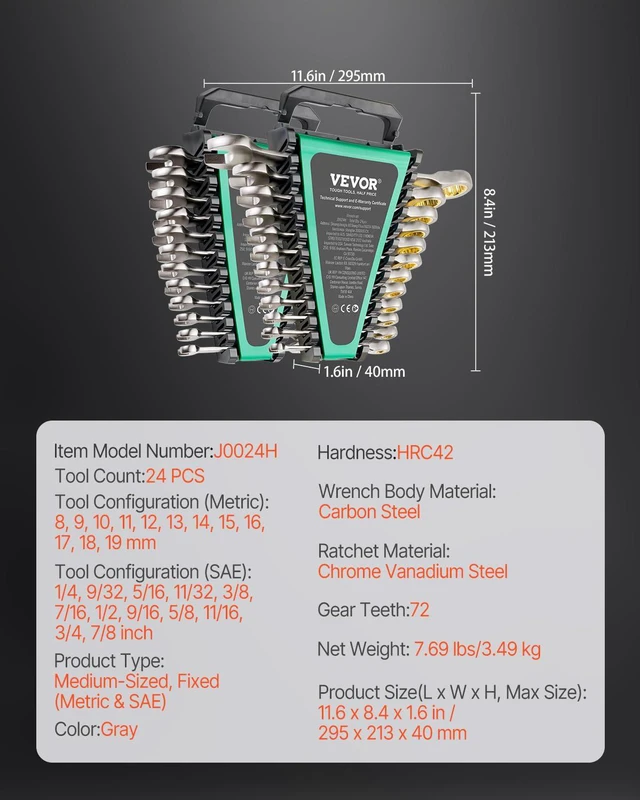 Alt view image 7 of 7 - 24-Piece Ratcheting Wrench Set, Ratchet Combination Wrench Set with Organizer, Nickel Plating, 72-Tooth, CR-V, Metric 8-19mm & SAE 1/4-7/8"