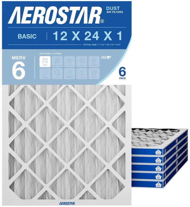 Main image of Air Filter 12x24x1 MERV 6 AC Filter, HVAC, Furnace Filter, 6 Pack ACTUAL SIZE (11.75 x 23.75 x 0.75) AC Filter, HVAC, Furnace Filter for Dust, Lint & Pollen Control MERV 6 (MPR 300 / FPR 3)