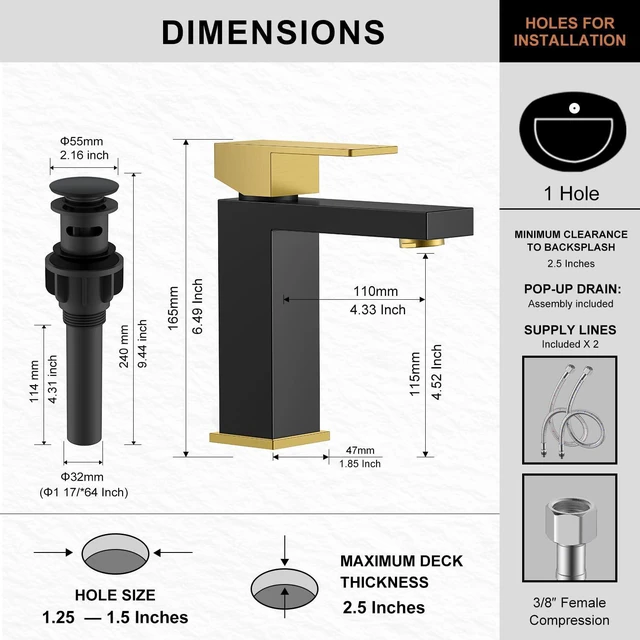 Alt view image 6 of 7 - Black and Gold Bathroom Faucets 1 Hole, Single Handle Vanity Faucet Bathroom Sink Faucet with Pop Up Drain & Supply Lines, Lead-Free cUPC & NSF Certified, 1 Handle Faucet for Vanity RV Restroom
