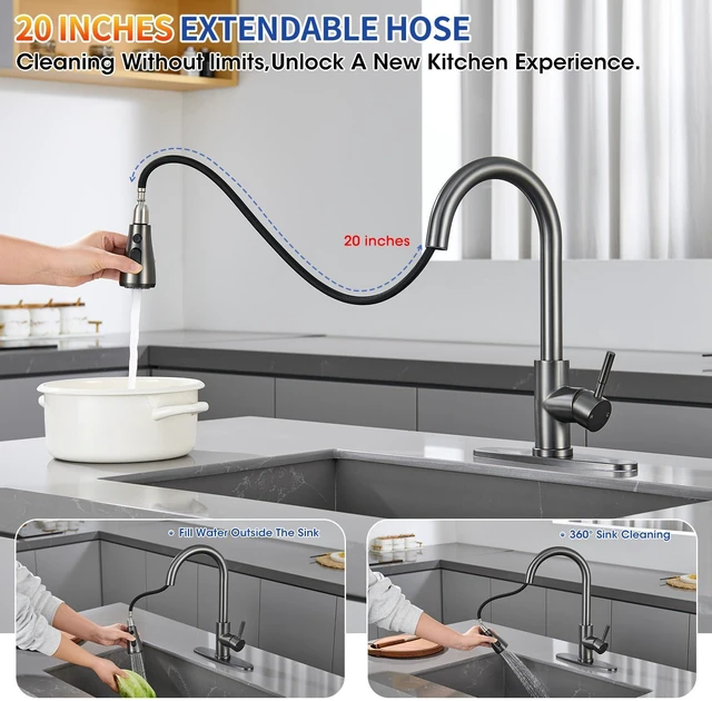 Alt view image 2 of 7 - Grey Kitchen Faucets with Pull Down Sprayer High Arc Single Handle Stainless Steel Kitchen Sink Faucet, Single hole or 3 Hole, for Farmhouse RV Laundry Bar Camper