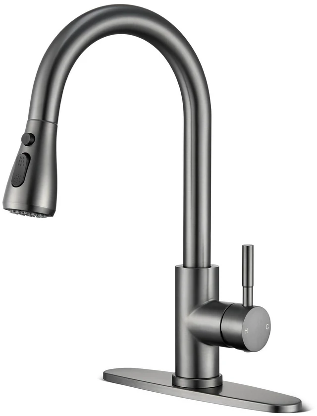 Main image of Grey Kitchen Faucets with Pull Down Sprayer High Arc Single Handle Stainless Steel Kitchen Sink Faucet, Single hole or 3 Hole, for Farmhouse RV Laundry Bar Camper