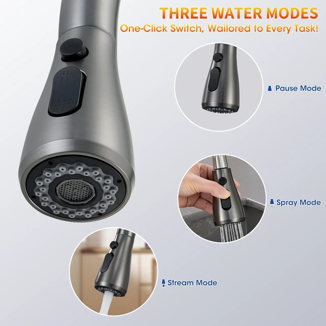 Alt view image 3 of 7 - Grey Kitchen Faucets with Pull Down Sprayer High Arc Single Handle Stainless Steel Kitchen Sink Faucet, Single hole or 3 Hole, for Farmhouse RV Laundry Bar Camper