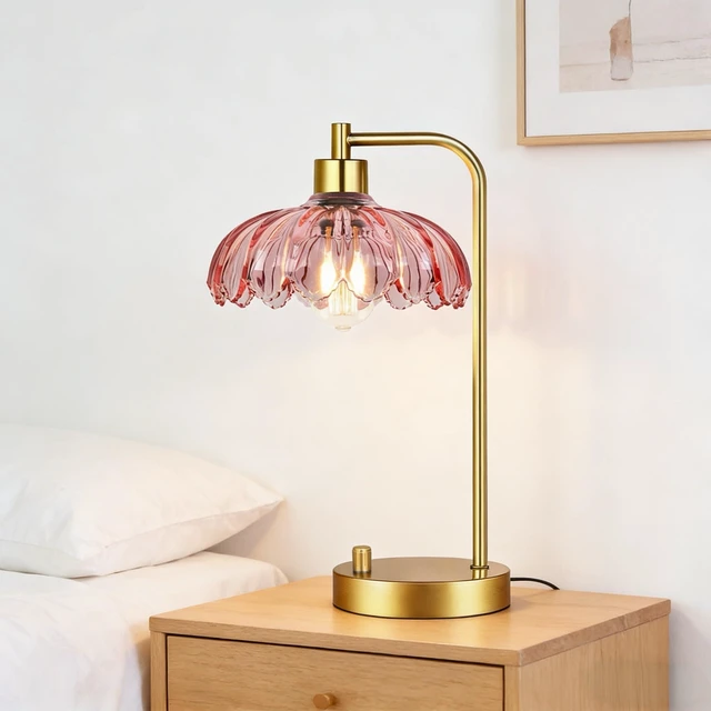 Alt view image 7 of 7 - Pink Table Lamp Set of 2,Small Gold Bedside Lamps Dimmable Boho Bedroom Lamp with Tulip Flower Glass Lamp Shade,Vintage Mid Century Modern Mini Nightstand Lamp for Bedroom Living Room