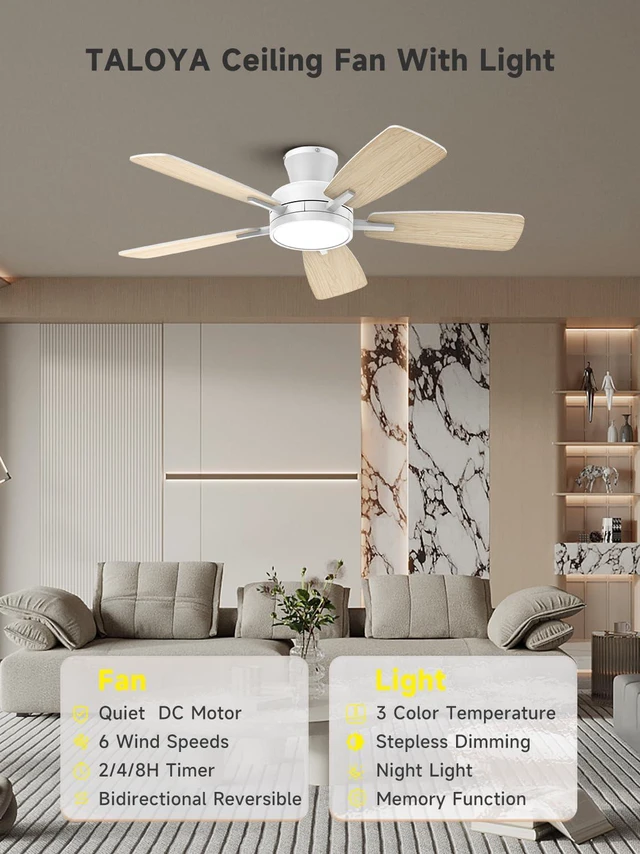 Alt view image 2 of 7 - 46 inch Ceiling Fans with Lights and Remote, Night Light, White Low Profile, Ultra Quiet, Reversible DC Motor, Dimmable, 3CCT, Modern Flush Mount Ceiling Fan for Bedroom Living Room Patio