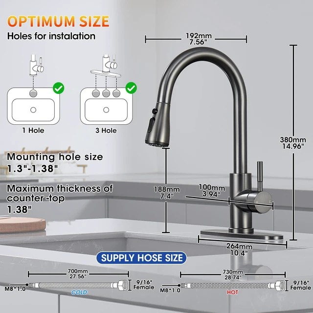 Alt view image 7 of 7 - Grey Kitchen Faucets with Pull Down Sprayer High Arc Single Handle Stainless Steel Kitchen Sink Faucet, Single hole or 3 Hole, for Farmhouse RV Laundry Bar Camper