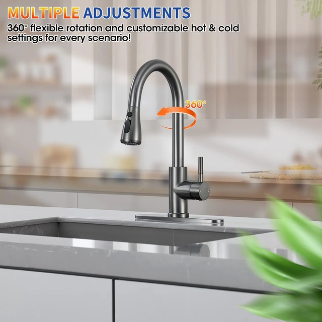 Alt view image 6 of 7 - Grey Kitchen Faucets with Pull Down Sprayer High Arc Single Handle Stainless Steel Kitchen Sink Faucet, Single hole or 3 Hole, for Farmhouse RV Laundry Bar Camper