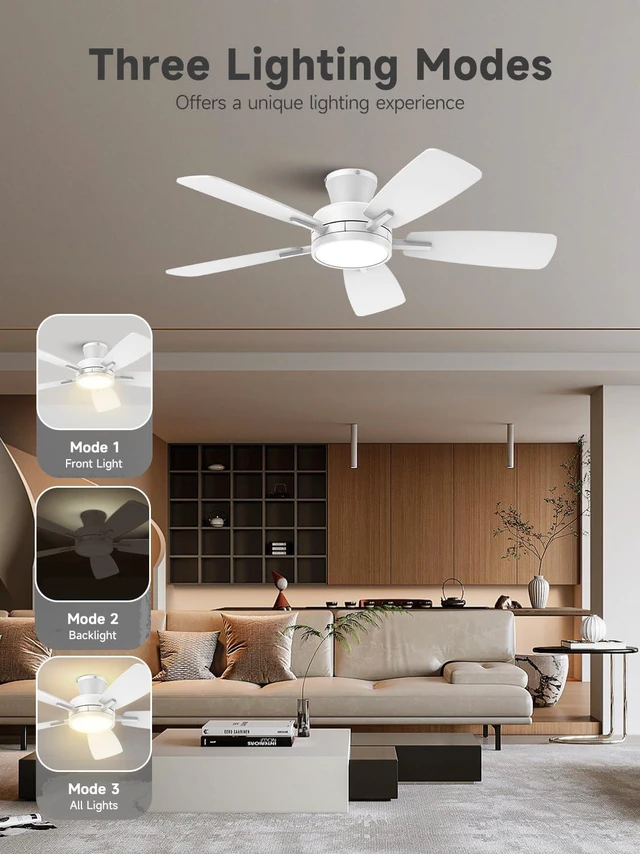 Alt view image 4 of 7 - 46 inch Ceiling Fans with Lights and Remote, Night Light, White Low Profile, Ultra Quiet, Reversible DC Motor, Dimmable, 3CCT, Modern Flush Mount Ceiling Fan for Bedroom Living Room Patio