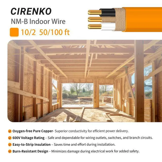 Alt view image 2 of 7 - 10/2 NM-B Cable 50 FT, UL Listed 10 Gauge Indoor Wire with Ground Solid Bare Copper, No CCA, 2 Conductors Plus Ground, Durable Orange NM-B Jacket, Easy to Strip, for Dry Locations, 600V Rated