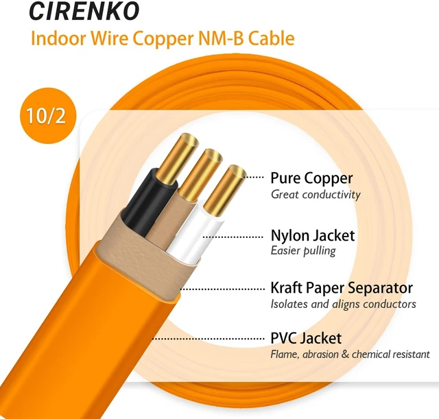 Alt view image 4 of 7 - 10/2 NM-B Cable 50 FT, UL Listed 10 Gauge Indoor Wire with Ground Solid Bare Copper, No CCA, 2 Conductors Plus Ground, Durable Orange NM-B Jacket, Easy to Strip, for Dry Locations, 600V Rated