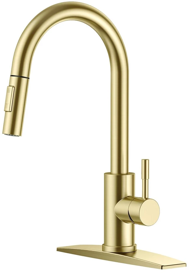 Main image of Gold Kitchen Faucet with Pull Down Sprayer, Modern 2-Mode High Arc No-Lead Stainless Steel Sink Faucet, Single Handle, Pull Out Sprayer, 1 or 3 Hole Deck Plate, Fit for Bar Outdoor Laundry Rv