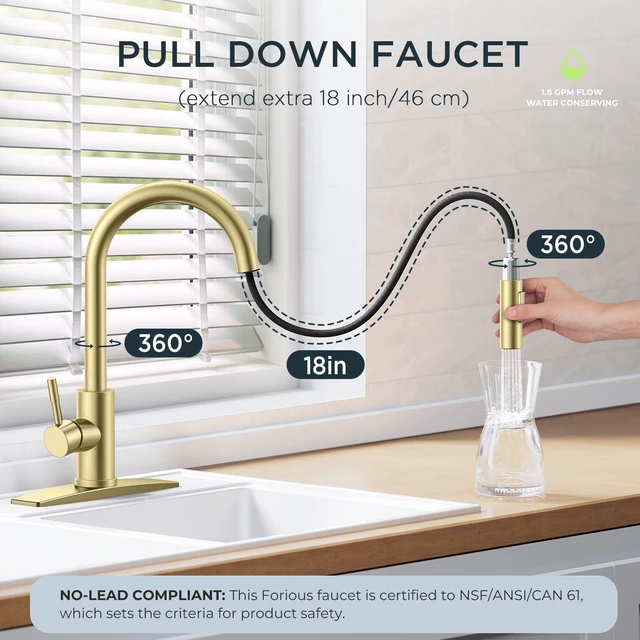 Alt view image 3 of 7 - Gold Kitchen Faucet with Pull Down Sprayer, Modern 2-Mode High Arc No-Lead Stainless Steel Sink Faucet, Single Handle, Pull Out Sprayer, 1 or 3 Hole Deck Plate, Fit for Bar Outdoor Laundry Rv