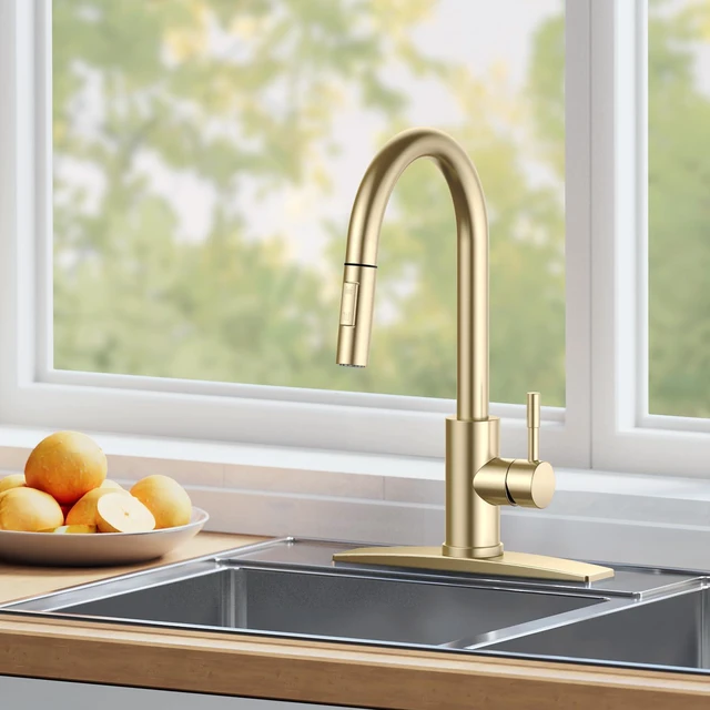 Alt view image 7 of 7 - Gold Kitchen Faucet with Pull Down Sprayer, Modern 2-Mode High Arc No-Lead Stainless Steel Sink Faucet, Single Handle, Pull Out Sprayer, 1 or 3 Hole Deck Plate, Fit for Bar Outdoor Laundry Rv