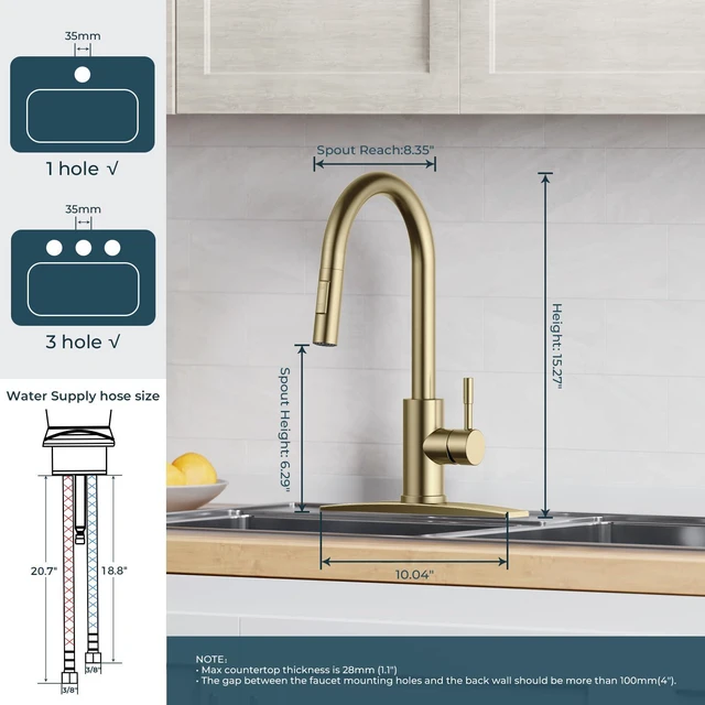 Alt view image 6 of 7 - Gold Kitchen Faucet with Pull Down Sprayer, Modern 2-Mode High Arc No-Lead Stainless Steel Sink Faucet, Single Handle, Pull Out Sprayer, 1 or 3 Hole Deck Plate, Fit for Bar Outdoor Laundry Rv