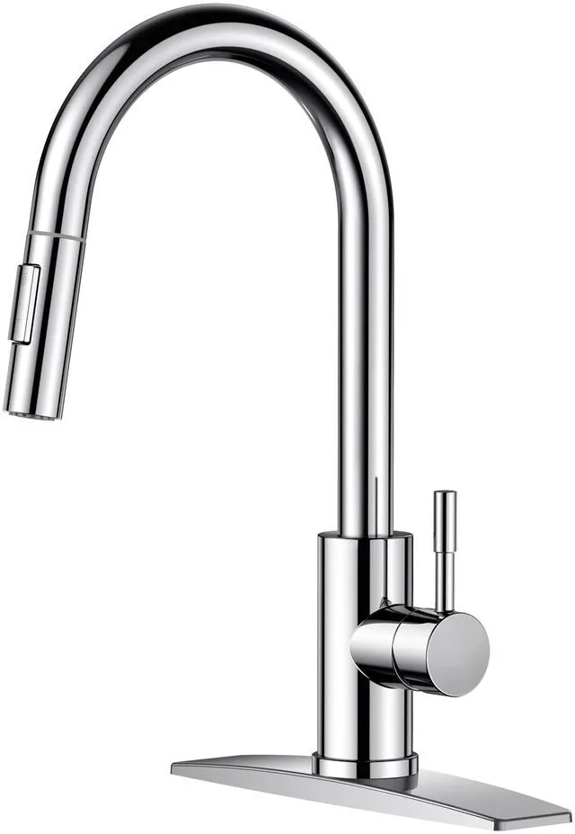 Main image of Kitchen Sink Faucet, Modern Chrome with 2-Mode Pull Down Sprayer No-Lead Stainless Steel, High Arc, Single Handle, Pull Out Sprayer, 1 or 3 Hole Deck Plate, Fit for Bar Farmhouse Laundry Rv
