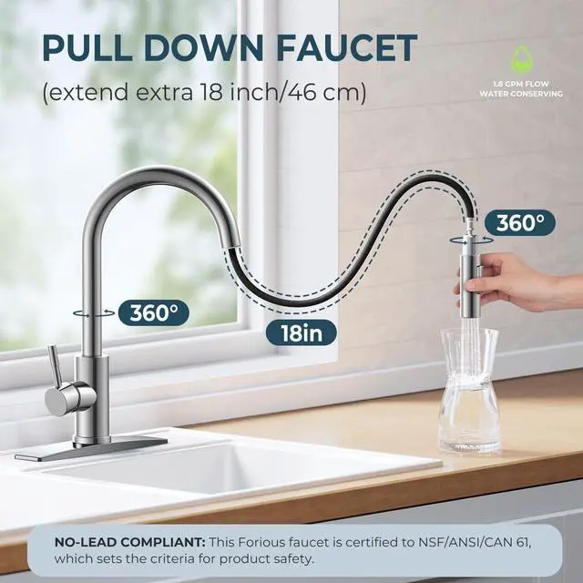 Alt view image 2 of 7 - Kitchen Sink Faucet, Modern Chrome with 2-Mode Pull Down Sprayer No-Lead Stainless Steel, High Arc, Single Handle, Pull Out Sprayer, 1 or 3 Hole Deck Plate, Fit for Bar Farmhouse Laundry Rv