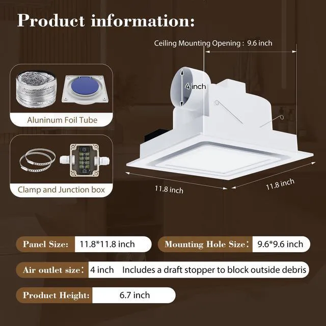 Alt view image 6 of 7 - Ultra Quiet Bathroom Exhaust Fan with Light, 120 CFM, 1.0 Sones 1000 Lumens LED Light, Easy Installation, Energy-Efficient Design, 10" × 10" Ceiling Mount