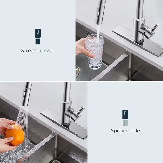 Alt view image 3 of 7 - Kitchen Sink Faucet, Modern Chrome with 2-Mode Pull Down Sprayer No-Lead Stainless Steel, High Arc, Single Handle, Pull Out Sprayer, 1 or 3 Hole Deck Plate, Fit for Bar Farmhouse Laundry Rv