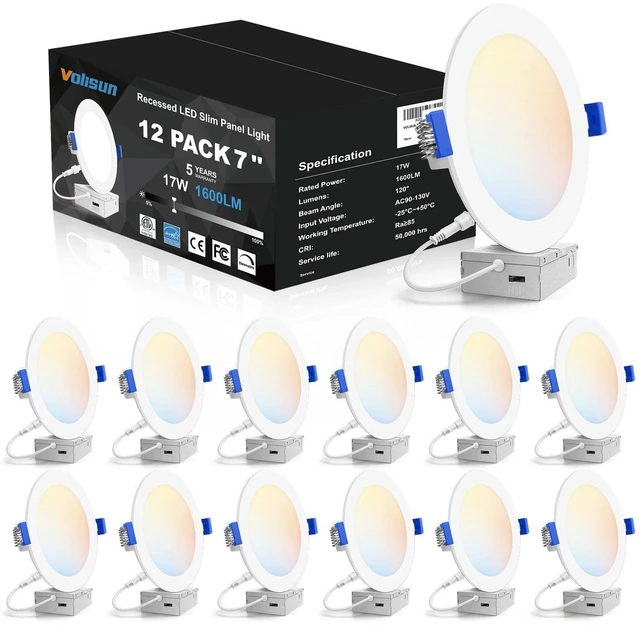 Main image of 12 Pack 7 inch Recessed Lighting, 5CCT, 2700K-5000K Selectable LED Recessed Light with Junction Box, Dimmable Canless Wafer Downlight, LED Ceiling Light ETL Certificated