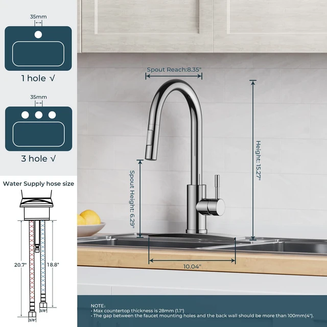 Alt view image 6 of 7 - Kitchen Sink Faucet, Modern Chrome with 2-Mode Pull Down Sprayer No-Lead Stainless Steel, High Arc, Single Handle, Pull Out Sprayer, 1 or 3 Hole Deck Plate, Fit for Bar Farmhouse Laundry Rv
