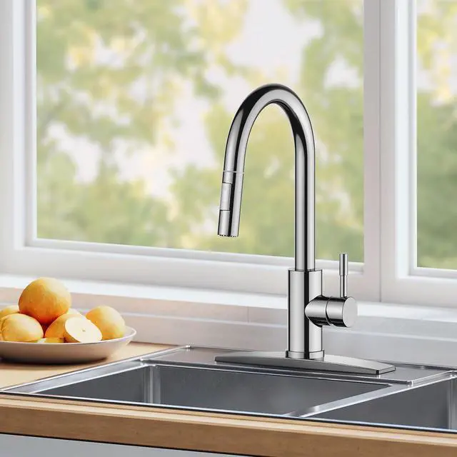Alt view image 7 of 7 - Kitchen Sink Faucet, Modern Chrome with 2-Mode Pull Down Sprayer No-Lead Stainless Steel, High Arc, Single Handle, Pull Out Sprayer, 1 or 3 Hole Deck Plate, Fit for Bar Farmhouse Laundry Rv