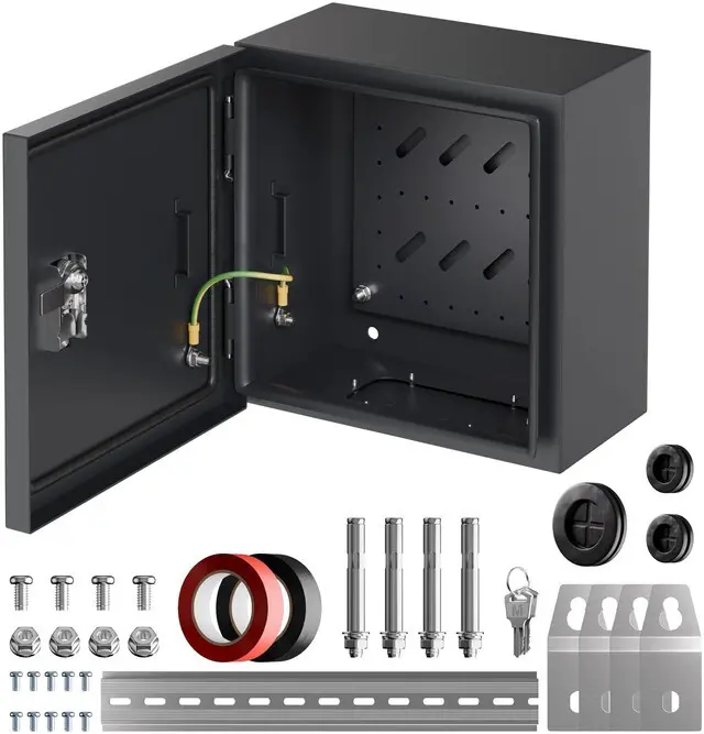 Main image of Outdoor Electrical Box 9.8" x 9.8" x 5.9" Weatherproof Cold-Rolled Steel Box with Rail & Lock, For Home Wiring, Garden Lights & Small Commercial Devices