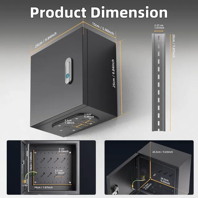 Alt view image 3 of 6 - Outdoor Electrical Box 9.8" x 9.8" x 5.9" Weatherproof Cold-Rolled Steel Box with Rail & Lock, For Home Wiring, Garden Lights & Small Commercial Devices